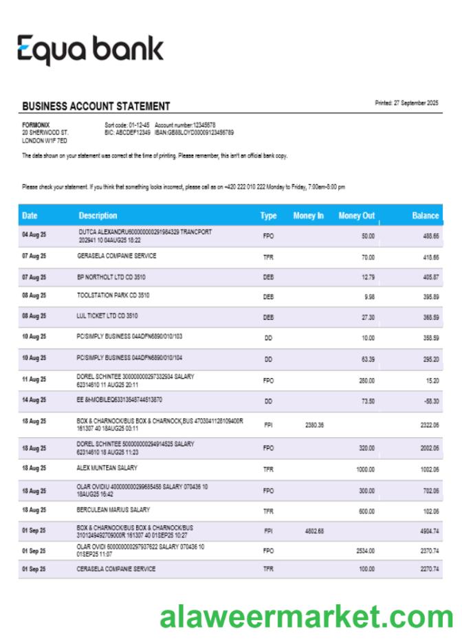 Equabank bank firm account statement Word and PDF template